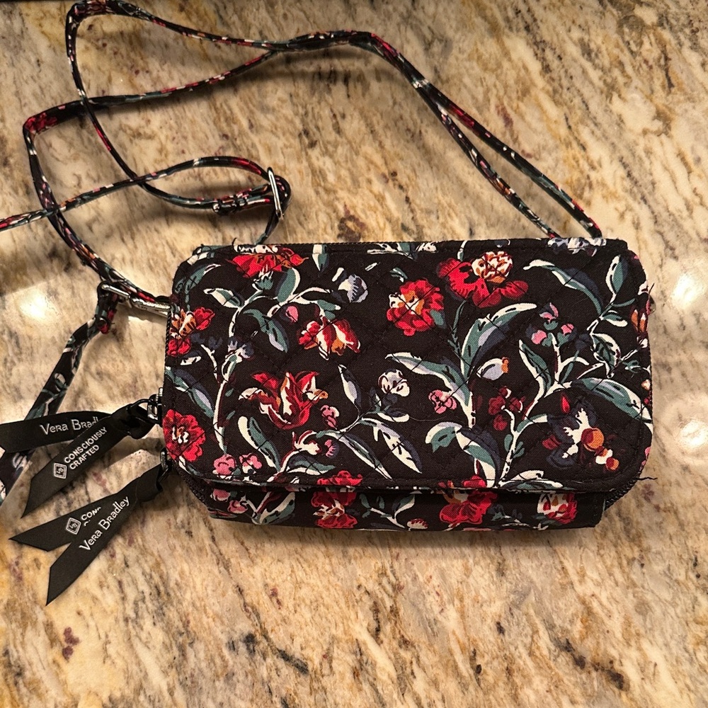 Vera Bradley Black Floral Crossbody with Red and Teal Accents